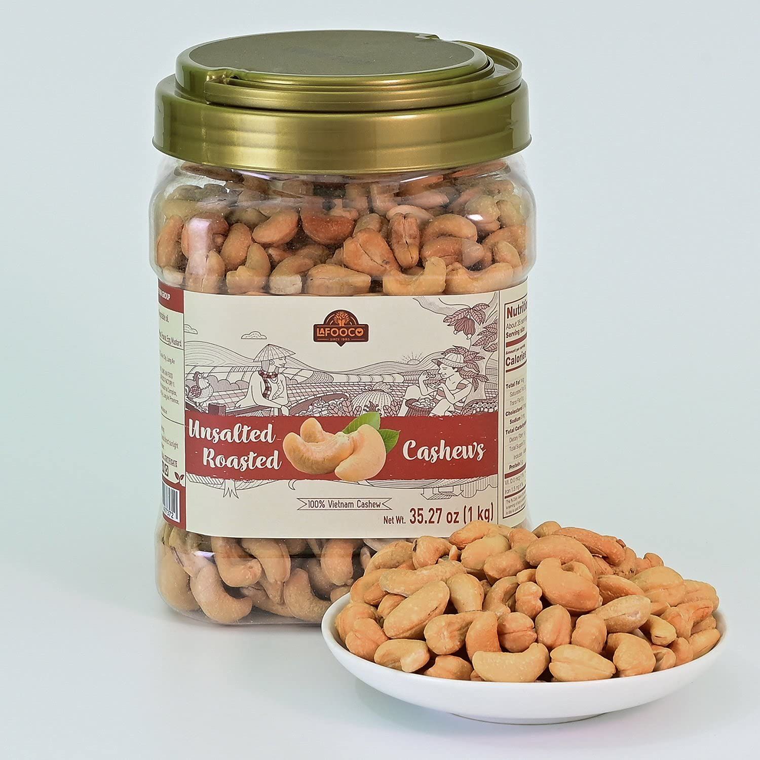 LAFOOCO Unsalted Roasted Cashew, Whole Cashews, Premium Vietnam Cashews, Rich in Nutrients, Fiber, Vitamins, Great Gift for Friend or Any Celebration, Resealable Jar, Halal, BRCGS (35.27 oz)