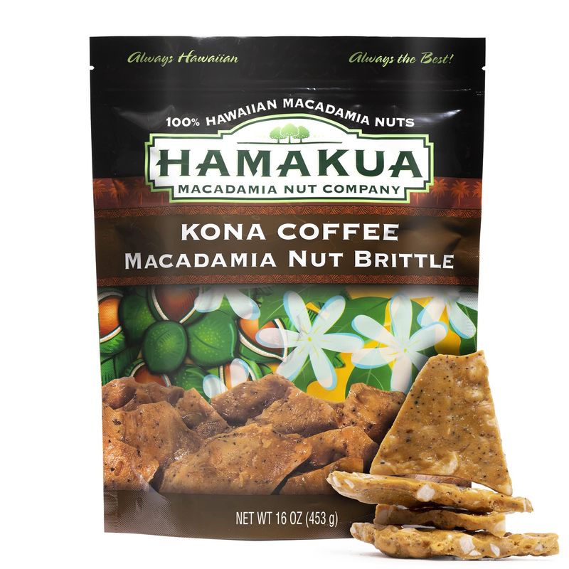 Hamakua Macadamia Nut Coffee Brittle - Sweet Candy Hawaiian Grown Macadamia Nuts and Kona Coffee Dessert - All Natural Dry Roasted Macadamias