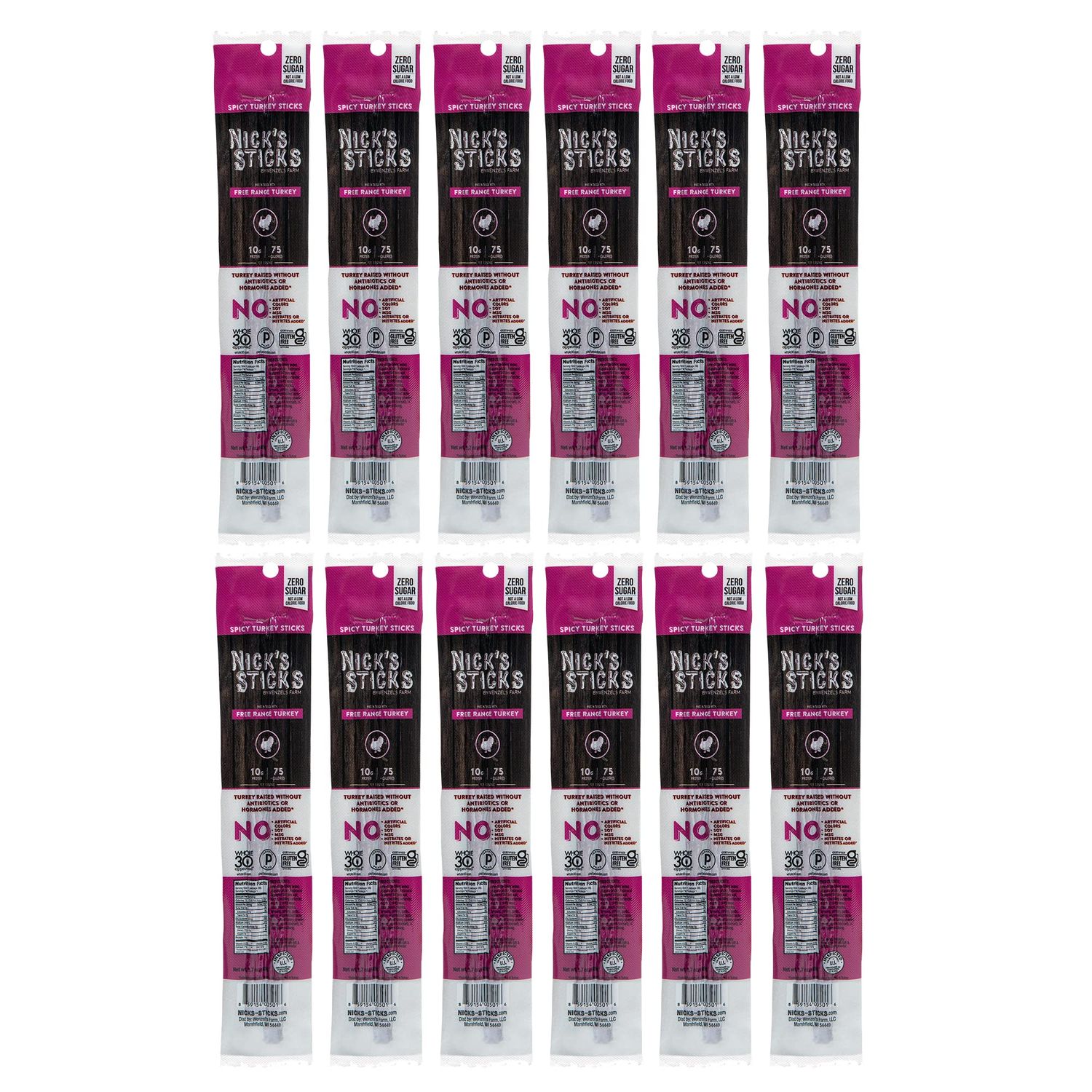 Nick&#39;s Sticks Spicy Free Range Turkey Snack Sticks | Made in the USA | Gluten Free | Paleo, Keto, Whole30 Approved | No Soy, Antibiotics or Hormones (12 - 1.7oz. Packs of 2 Sticks)