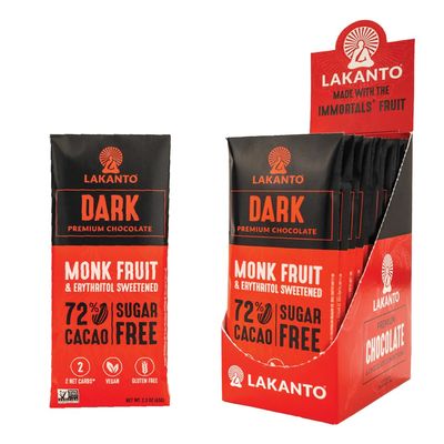Lakanto Sugar Free Dark Chocolate Bars - Monk Fruit Sweetener and Erythritol, 72% Cacao, Premium Chocolate, Rich Taste, Cocoa Butter, Vegan, Gluten Free (Original - 12 Bars - Pack of 1)