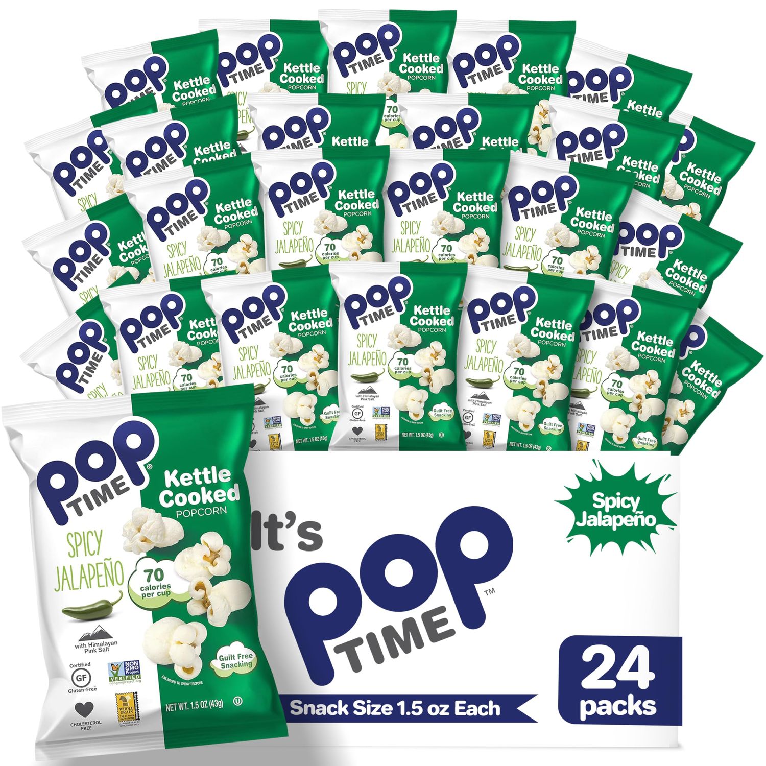 Poptime Kettle Cooked Popcorn Snacks - Spicy Jalapeno - 1.5 Oz Bags - 24 Count - Whole Grain, Non-GMO, Gluten-Free, Dairy-Free, Kosher - Low-Calorie Healthy Snack