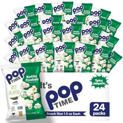 Poptime Kettle Cooked Popcorn Snacks - Spicy Jalapeno - 1.5 Oz Bags - 24 Count - Whole Grain, Non-GMO, Gluten-Free, Dairy-Free, Kosher - Low-Calorie Healthy Snack