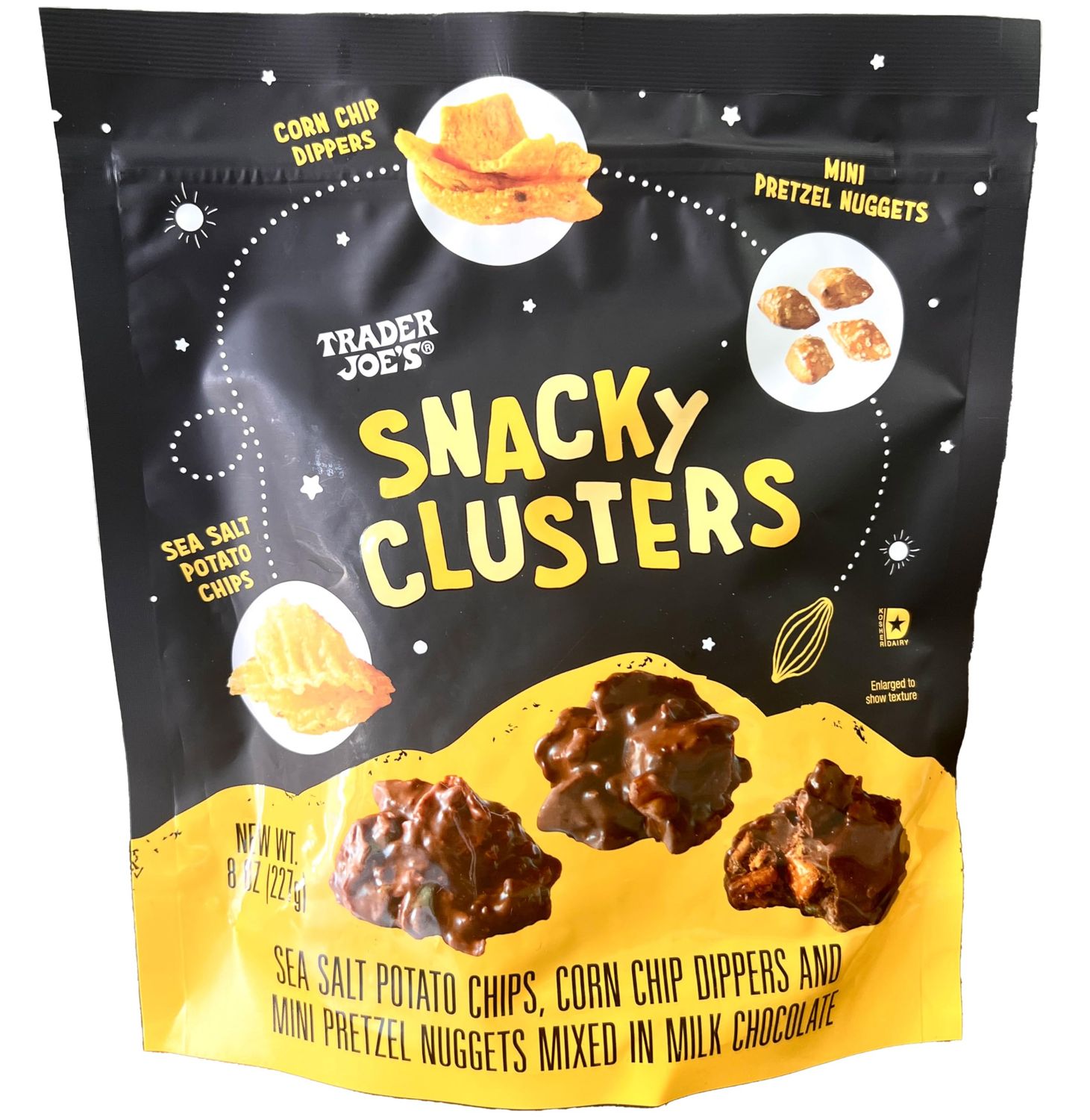 Chocolate Snack Clusters, Sea Salt Potato Chips, Corn Chip Dippers and ini Pretzel Nuggets Mixed in Milk Chocolate