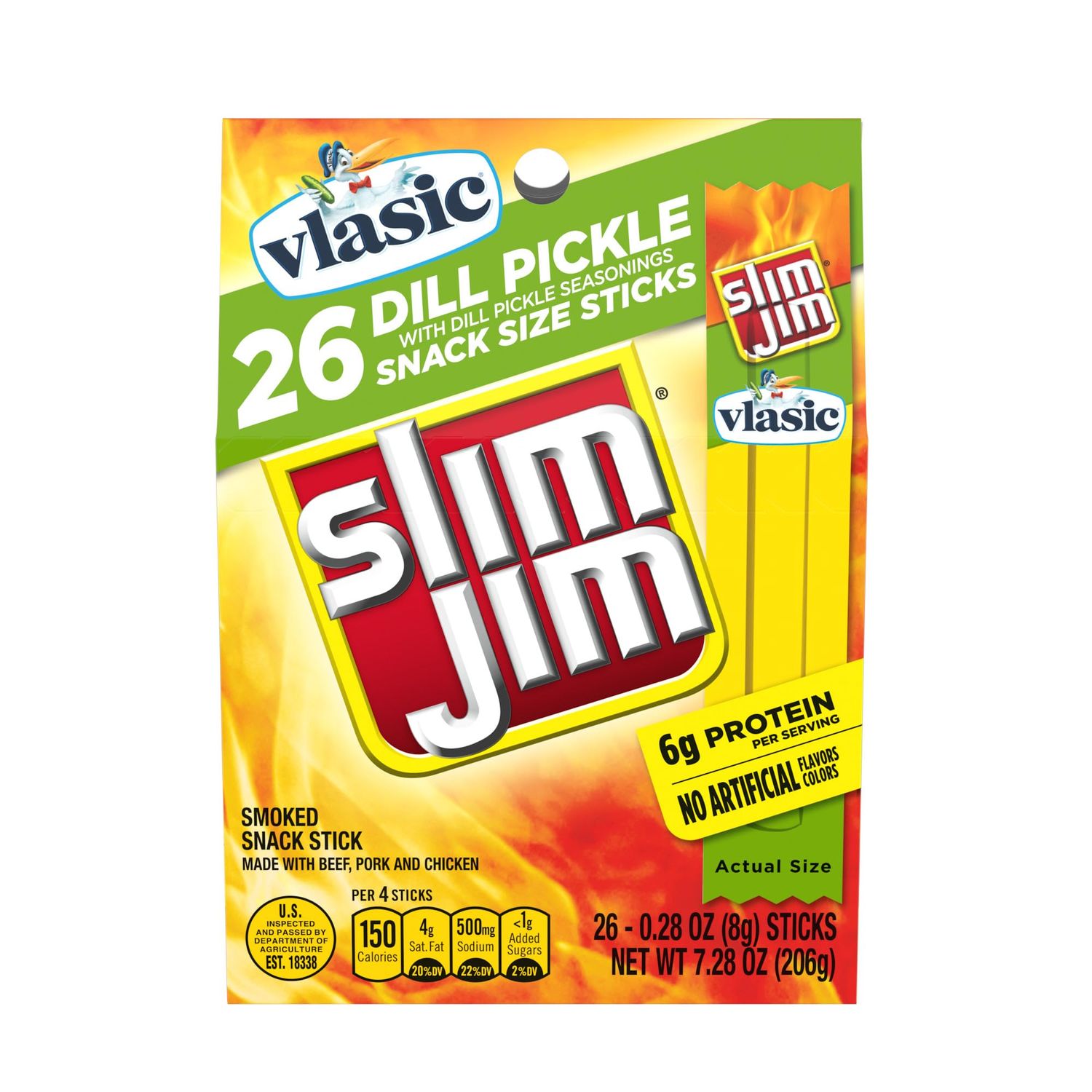 Slim Jim Smoked Meat Sticks, Vlasic Dill Pickle Flavor, 6g Protein Per Serving, Snack Size, 0.28 oz. (26 Count)