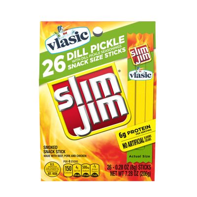 Slim Jim Smoked Meat Sticks, Vlasic Dill Pickle Flavor, 6g Protein Per Serving, Snack Size, 0.28 oz. (26 Count)