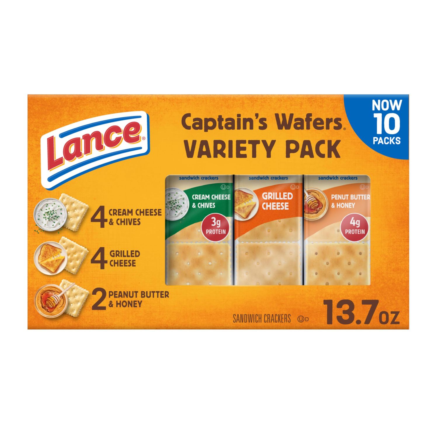 Lance Sandwich Crackers, Captain&#39;s Wafers, Variety Pack, 10 Individual Packs, 6 Sandwiches Each