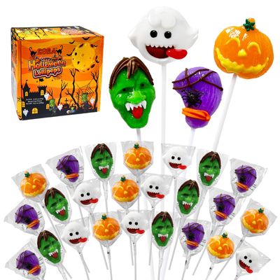 Halloween Lollipop Suckers Candy 24 Pack, Spooky Candy Lollipops, Pumpkin, Green Monster and Broomstick Candy Sucker Lollipops Individually Wrapped for Halloween Goody Bag Fillers - Trick or Treat