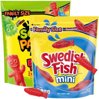 Sweet &amp; Sour Chewy Bulk Candy 2 Pack Family Size Resealable Bags - Soft and Chewy Gummy Candy Variety For Parties, Treats - Big Kids 1lb &amp; Mini FIsh Gummies 1lb