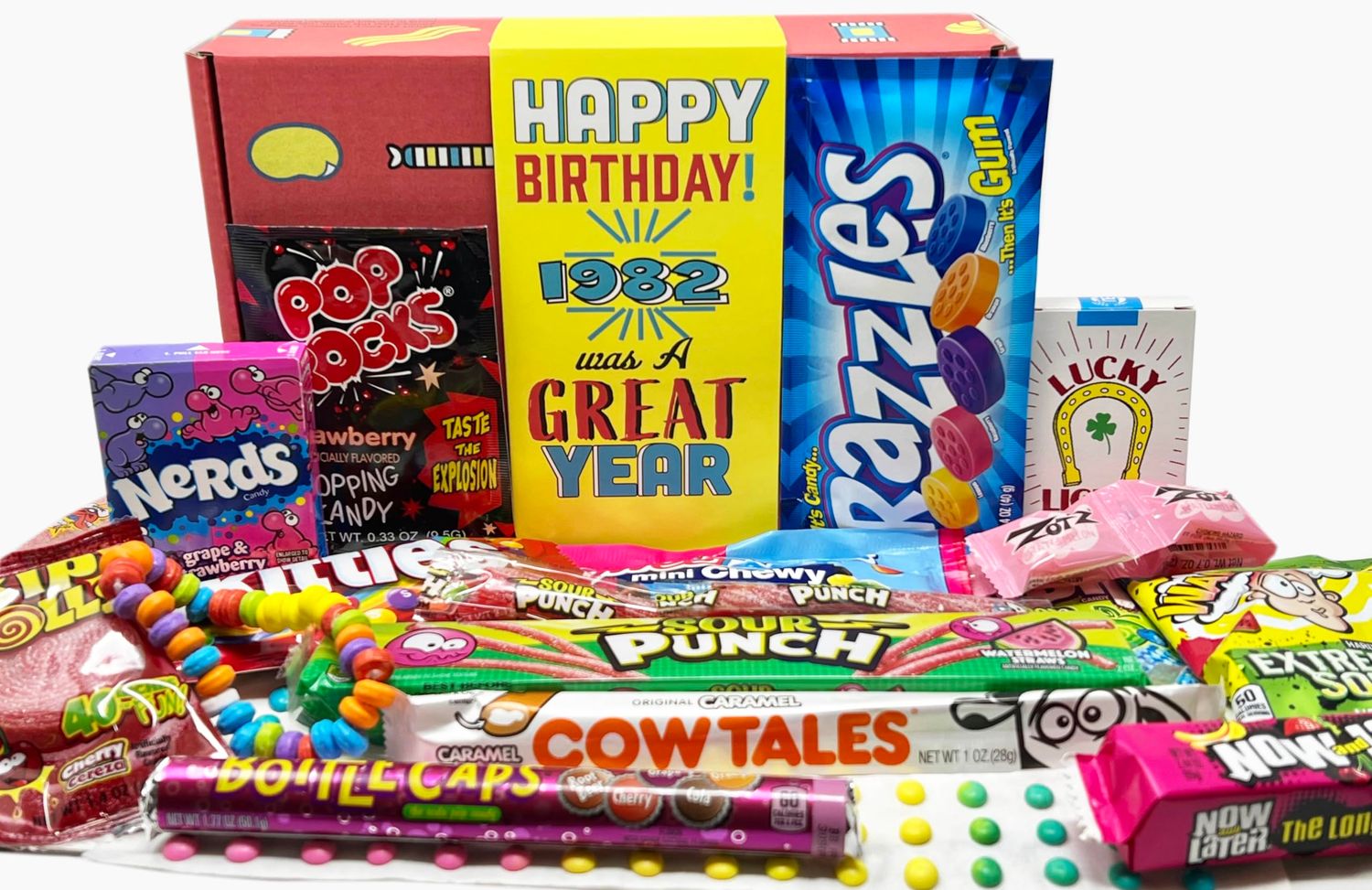 RETRO CANDY YUM  1982 43rd Birthday Nostalgic Candy Gift Basket Box 80s Assortment from Childhood for 43 Year Old Woman or Man Born 1982 JR