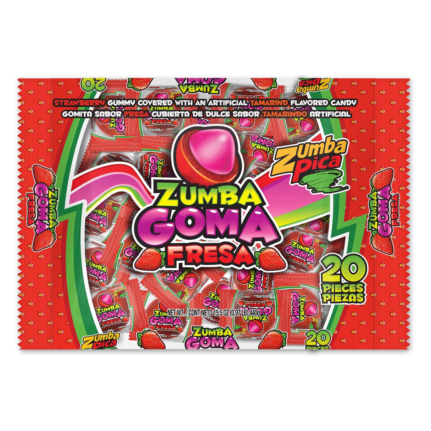 Zumba Goma Fresa Strawberry Gummy Covered with Tamarind Candy (20 pcs bag)- Spicy Strawberry Gummies with Tamarind Candy - Sour Strawberry Gummies - Mexican Strawberry Candy - Gomitas Enchiladas