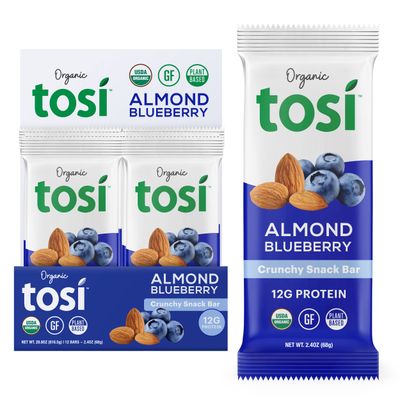 Tosi Almond Blueberry Protein Bars, Plant Based with Nuts, Gluten-Free Crunchy Snacks, Vegan, Organic, Flax &amp; Chia Seeds, Soy-Free,Omega 3s, 12G Protein, 2.4 oz, 12-Pack