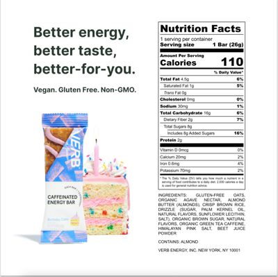 Verb Energy - Birthday Cake Caffeinated Snack Bars - 110-Calorie Low Sugar Energy Bar - Keto Friendly Nutrition Bars - Vegan Snacks - Gluten Free with Organic Green Tea, 26g (Pack of 16)