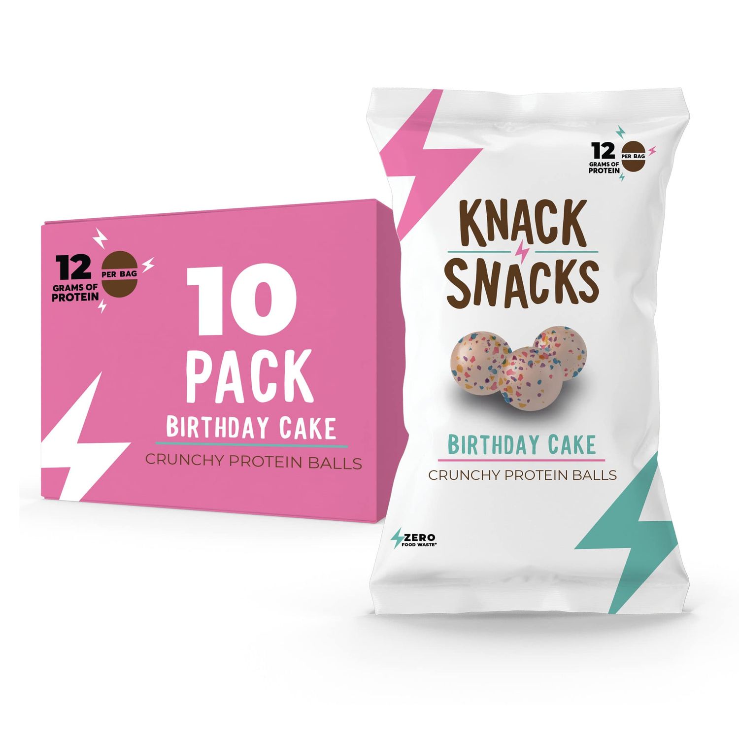Knack Snacks | Crunchy Protein Balls - Birthday Cake Flavour (10x 1.2oz Bags) | High Protein Snack, Naturally Gluten Free Lower Sugar, Protein Balls
