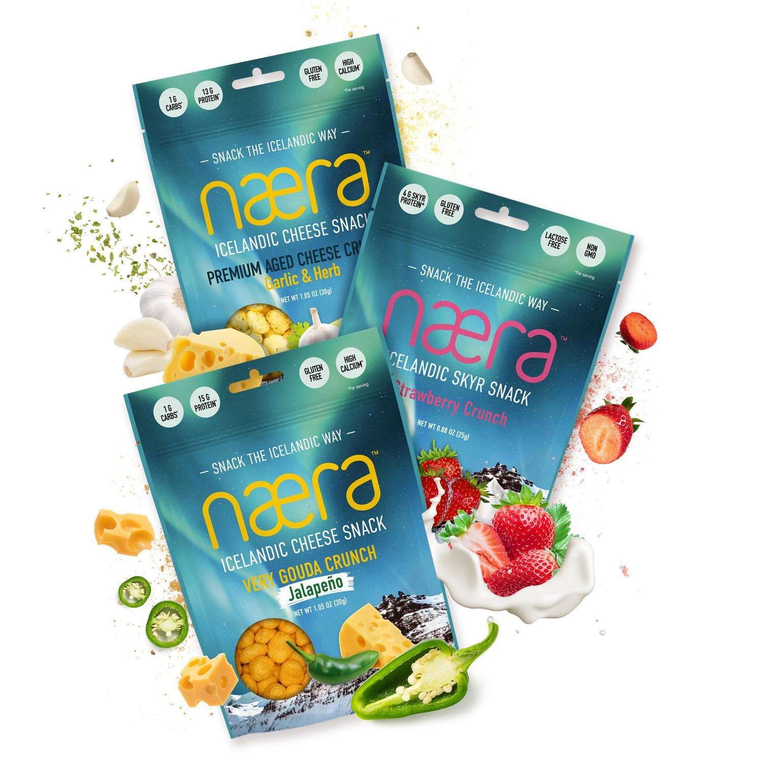 NÃ¦ra Icelandic - Varied 3-Pack (Garlic &amp; Herb, Very Gouda JalapeÃ±o, Strawberry Crunch) Popped Protein Snacks,Natural High Protein Snacks, Individual Snacks, Snacks for Adults &amp; Kids, 2.98 oz total