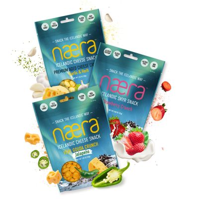 NÃ¦ra Icelandic - Varied 3-Pack (Garlic &amp; Herb, Very Gouda JalapeÃ±o, Strawberry Crunch) Popped Protein Snacks,Natural High Protein Snacks, Individual Snacks, Snacks for Adults &amp; Kids, 2.98 oz total