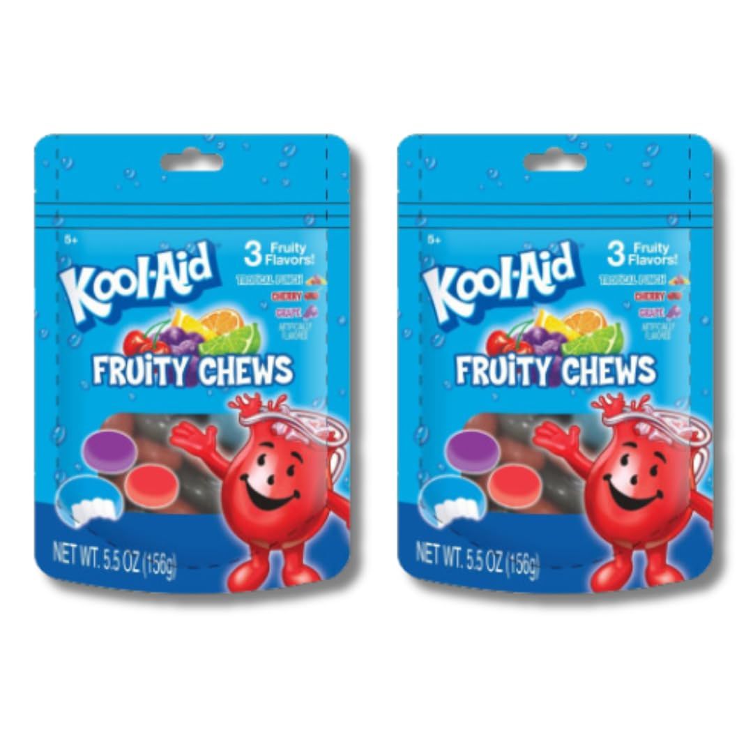 Kool-Aid Candy Collection - Variety of Lollipop Dippers, Gummies, Fizzy Popping Candy, Rock Candy, Chews, and Gum By Lyza&#39;s Sweets &amp; Treats (Pack of 2, Fruity Chews 5.5 oz. Bag)