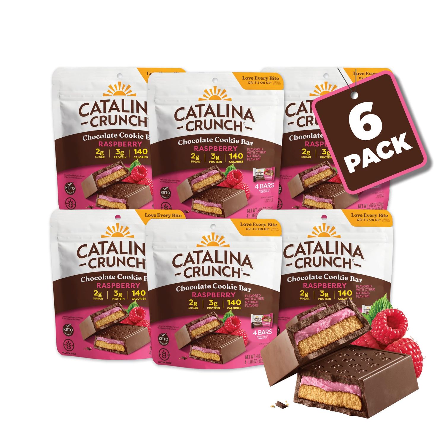 Catalina Crunch Chocolate Cookie Bars - Keto Friendly Snacks with 2g Sugar and 3g Protein - Gluten Free Low Carb Candy Bars, Kosher - Raspberry, 4 Count (Pack of 6)