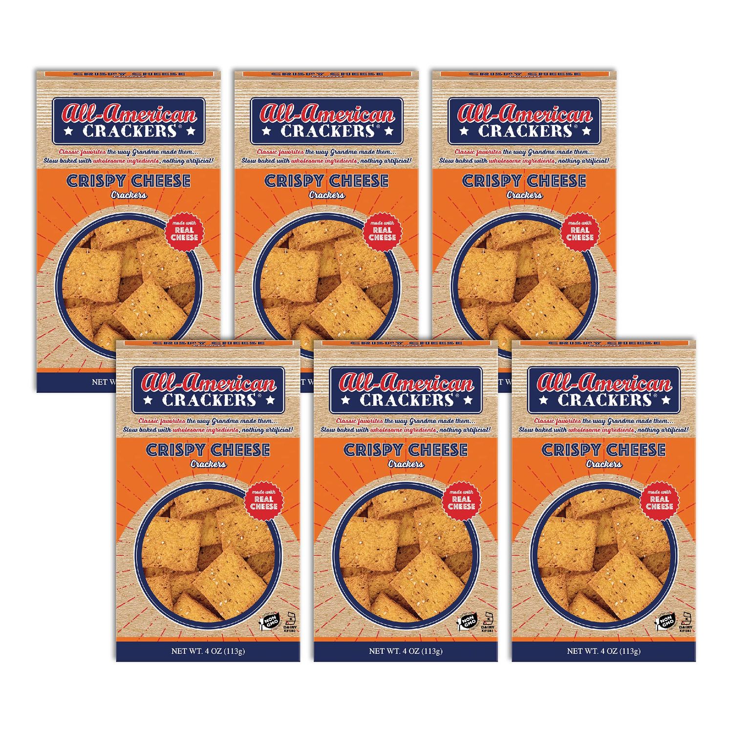 All-American Snack Crackers, Crispy Cheese, 4 Ounce (Pack of 6), Made with Real Parmesan and Cheddar Cheese, Non-GMO, Kosher