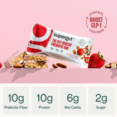 Supergut GLP-1 Boosting Prebiotic Bars, Strawberry Almond - Gut Healthy Protein Snacks &amp; Breakfast Bars - Keto-Friendly Meal Replacement Energy Bars for Gut Health (12 Count)