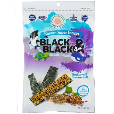 UNCLE NICK Korean Super Snacks - Black &amp; Black Seaweed Snack with Buckwheat and Sesame Seeds 1oz (Pack of 3)