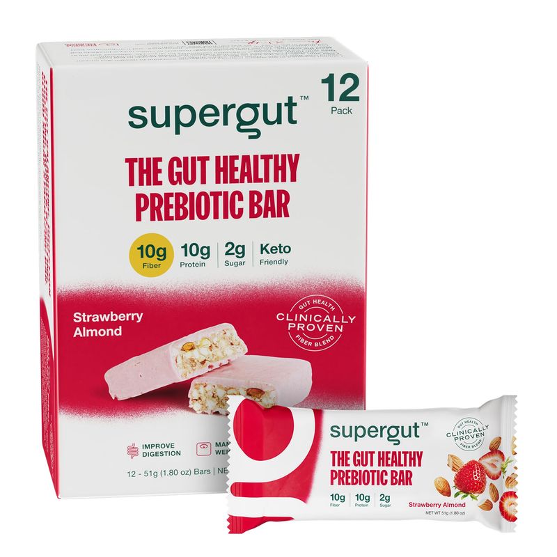 Supergut GLP-1 Boosting Prebiotic Bars, Strawberry Almond - Gut Healthy Protein Snacks &amp; Breakfast Bars - Keto-Friendly Meal Replacement Energy Bars for Gut Health (12 Count)