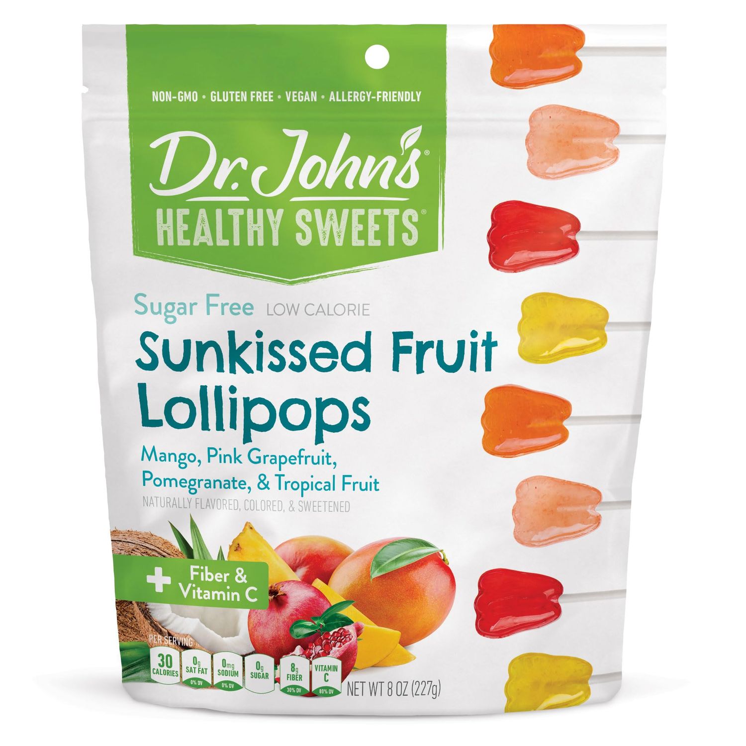 Dr. Johns Sugar Free Candy, Healthy Lollipops with Zero Sugar, Low Calorie Snacks, Keto Friendly Hard Candy Sweets, Sunkissed Fruit, Tooth, 30 Count, 8 Oz