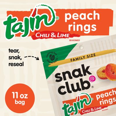 Snak Club Peach Rings, Tajin Chili & Lime Seasoned, Sweet and Spicy Gummy Candy, Mild in Heat Bold in Flavor, Low-Fat, Vegan, Gluten-Free Snack, Family Size, 11 Ounce