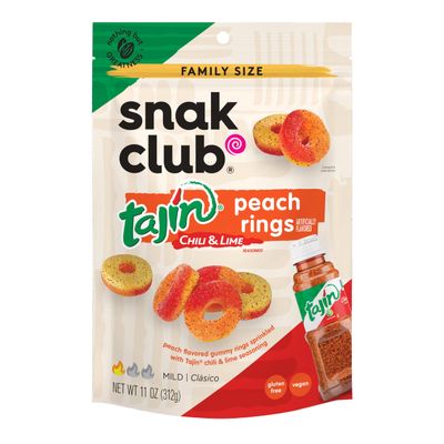 Snak Club Peach Rings, Tajin Chili &amp; Lime Seasoned, Sweet and Spicy Gummy Candy, Mild in Heat Bold in Flavor, Low-Fat, Vegan, Gluten-Free Snack, Family Size, 11 Ounce