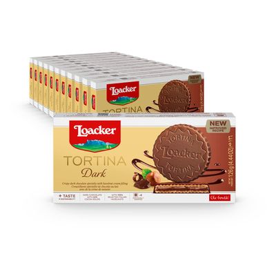 Loacker Tortina Dark - Individually Wrapped Premium Dark Chocolate Enrobed Crispy Wafer Tartlets with Hazelnut Cream Filling - Pack of 12