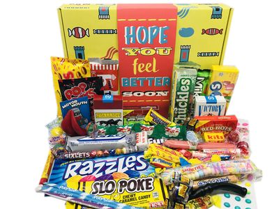 RETRO CANDY YUM  Get Well Soon Gift Basket Box of Retro Nostalgic Candy  Sick Care Package Get Well Gifts for Women, Men, After Surgery