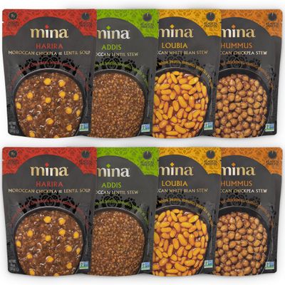 Mina Moroccan Lentils, Chickpeas, White Beans &amp; Harira - Healthy Snacks Variety Pack of 8 (10 oz), Lentils Ready to Eat, Vegan Protein, Gluten-Free Instant Food, Microwave Meals, Non-GMO, Kosher