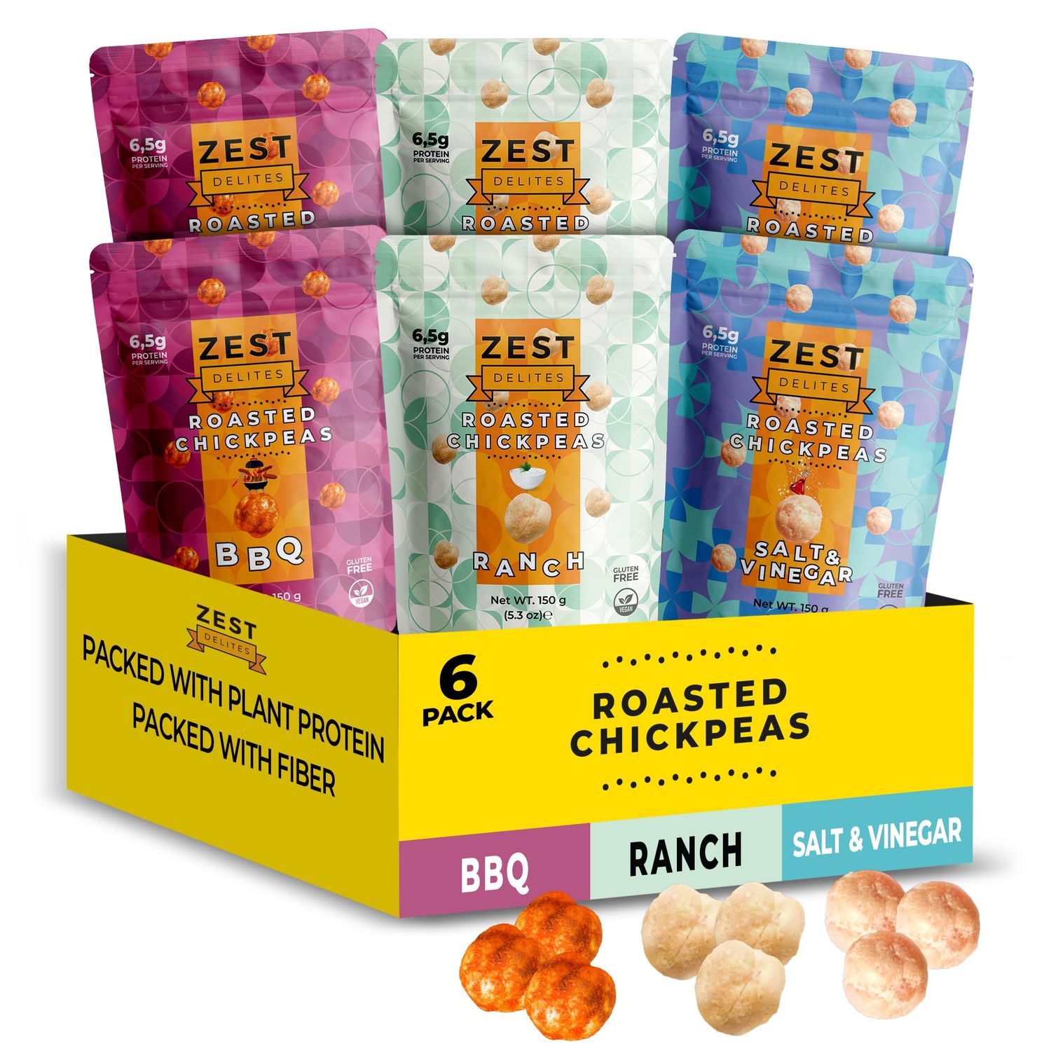 Roasted Chickpeas by Zest Delites, Chickpea Snacks, Dried Chick Peas, Healthy Snacks for Adults, Plant Protein Snacks, Barbeque, Salt &amp; Vinegar, Ranch Flavors, Dry Roasted Chickpea