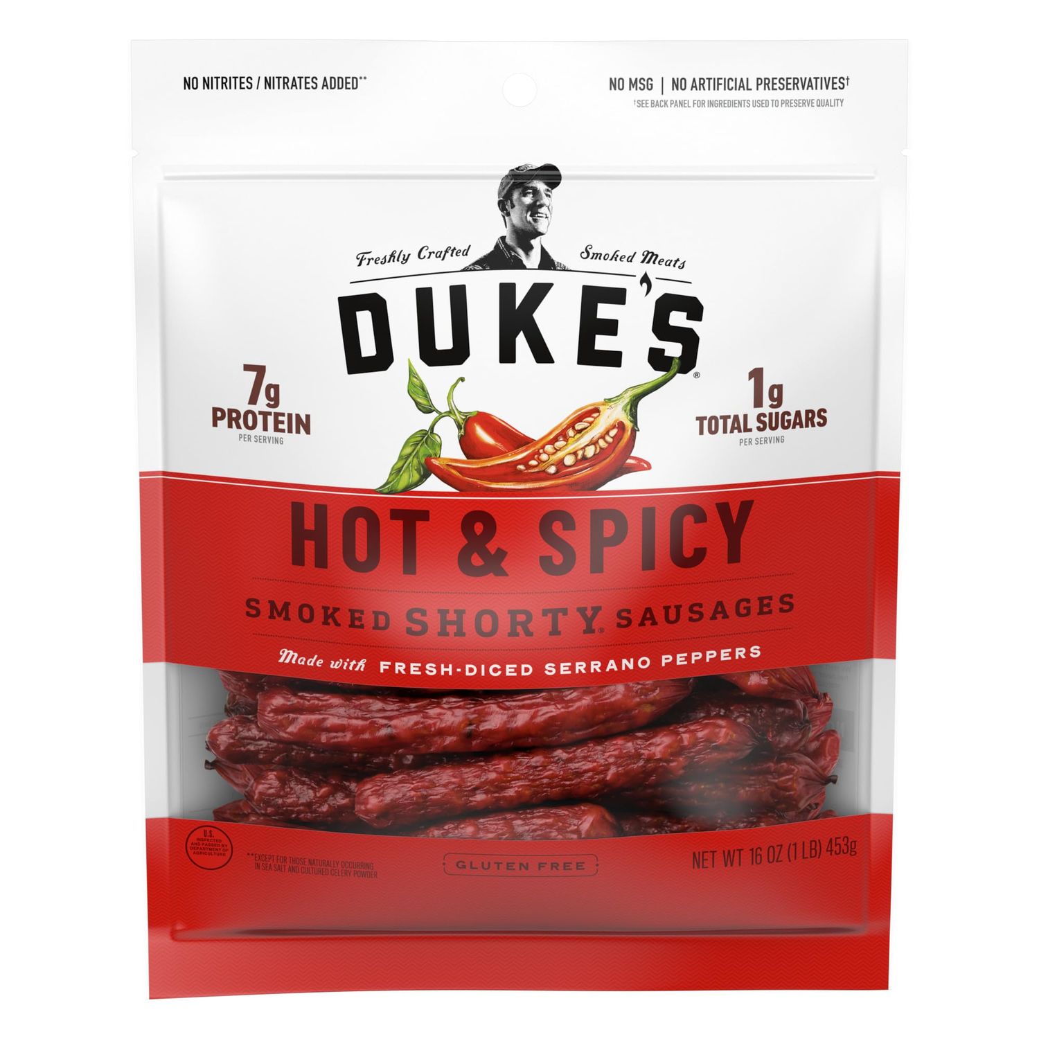 Duke&#39;s Pork Hot &amp; Spicy Smoked Shorty Sausages, 7g Protein Per Serving, 16 oz