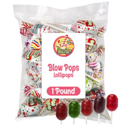 Blow Pops Lollipops - 1 Pound Bulk Bag (About 23 Pieces) - Assorted Fruit Flavors, Individually Wrapped Bubble Gum Filled Lollipops - Cherry, Grape, Sour Apple, Watermelon, Strawberry Flavor Blow Pop