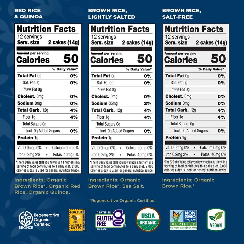 Lundberg Thin Brown Rice Cakes Variety 3-Pack - Regenerative Organic Certified Lightly Salted, Salt-Free, and Red Rice &amp; Quinoa (Salt-Free), Healthy Snacks, 6 Oz Ea