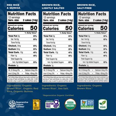Lundberg Thin Brown Rice Cakes Variety 3-Pack - Regenerative Organic Certified Lightly Salted, Salt-Free, and Red Rice & Quinoa (Salt-Free), Healthy Snacks, 6 Oz Ea