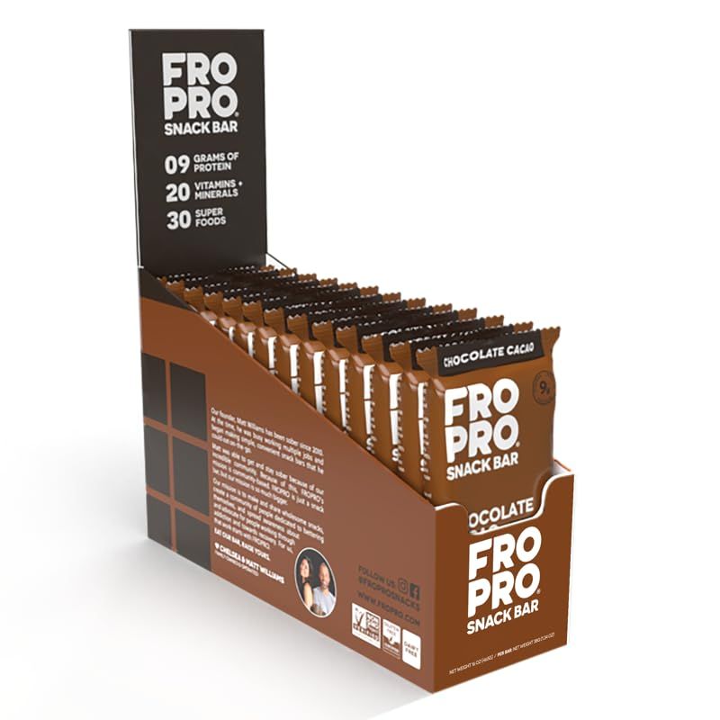 FROPRO Plant Protein Snack Bars - Plant Based Protein Bars, All-Natural, Gluten, Dairy, &amp; Soy Free, High Protein Bars with Low Calories | Cacao, 12 Pack