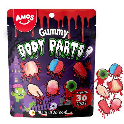 Amos Halloween Gummy Body Parts, Spooky Candy for Trick-or-Treat, Halloween Snacks, and Edible Decorations - Approx. 36 Individually Wrapped Pieces, 9oz Bag