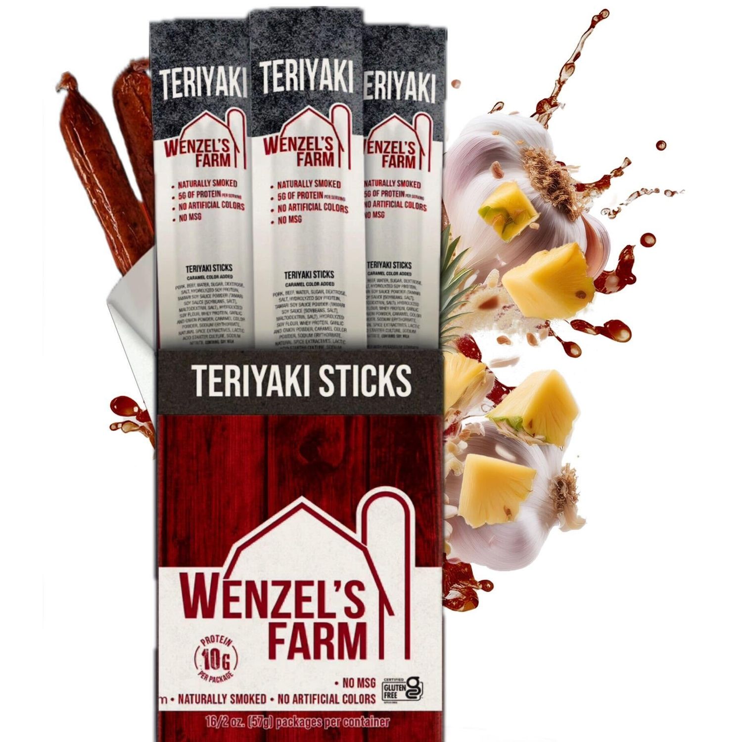 Wenzels Farm Teriyaki Sticks Snack Sticks  Flavorful, Naturally Smoked  High Protein, Low Carb  No MSG, Fillers, Binders, Artificial Colors  Gluten Free | 32 Sticks (16 Packs of 2)