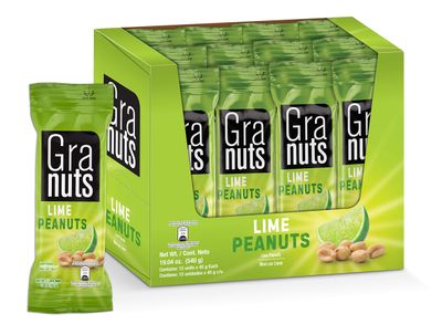 Granuts Lime Peanuts | Tangy, Sour Lime Flavor | On-the-Go Snack | 1.58 Oz (12 Inner Packs)
