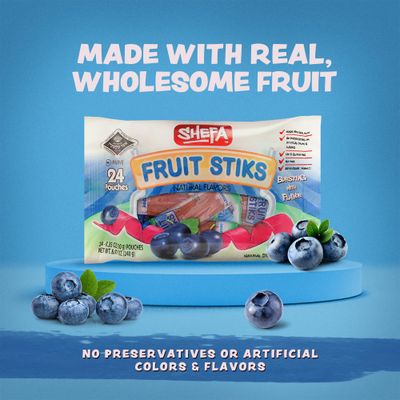 Shefa Blueberry Flavor Real Fruit Sticks (24 Count) | Dye Free | Individually Wrapped | No Artificial Colors, Flavors, Corn Syrup