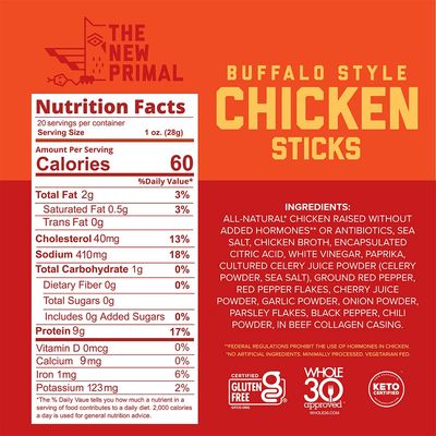 The New Primal All Natural Chicken Stick, Buffalo Style - Keto &amp; Gluten Free Healthy Snacks for Adults, Sugar Free Low Carb, Paleo Meat Stick - 9g Protein, 60 Calories - Buffalo, 1 Oz. (1 Count)