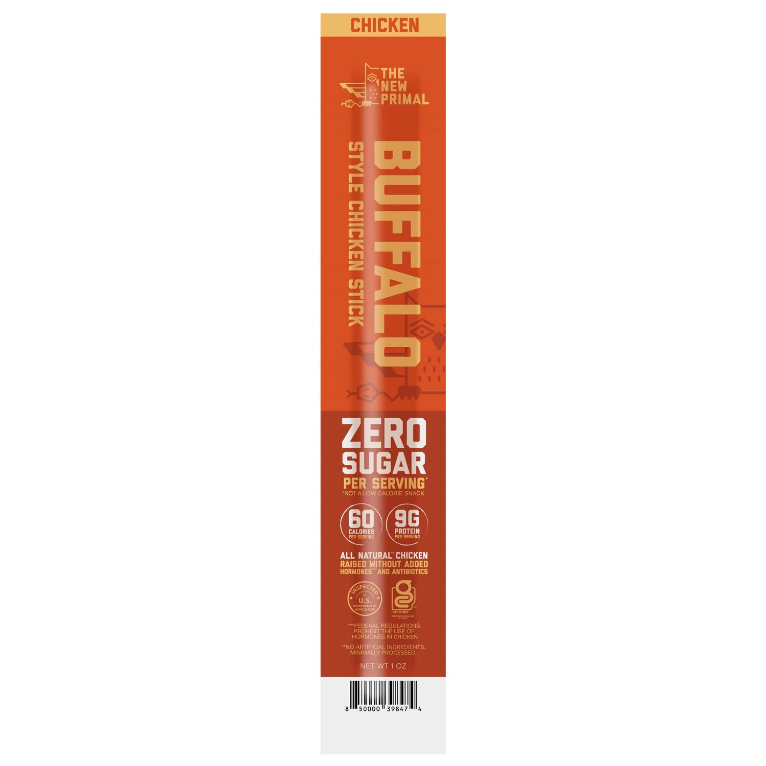 The New Primal All Natural Chicken Stick, Buffalo Style - Keto &amp; Gluten Free Healthy Snacks for Adults, Sugar Free Low Carb, Paleo Meat Stick - 9g Protein, 60 Calories - Buffalo, 1 Oz. (1 Count)