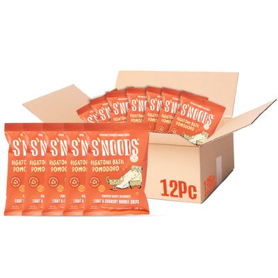 SNOODS Rigatoni Basil Pomodoro Chips - Light &amp; Crunchy Noodle Chips - Plant-Based Protein - Vegan Snacks - Gluten-Free - Perfectly Crispy &amp; Delicious - For Adventurous Snackers - 0.74 oz (12 Pack)