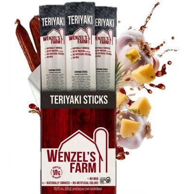 Wenzels Farm Teriyaki Sticks Snack Sticks  Flavorful, Naturally Smoked  High Protein, Low Carb  No MSG, Fillers, Binders, Artificial Colors  Gluten Free | 32 Sticks (16 Packs of 2)
