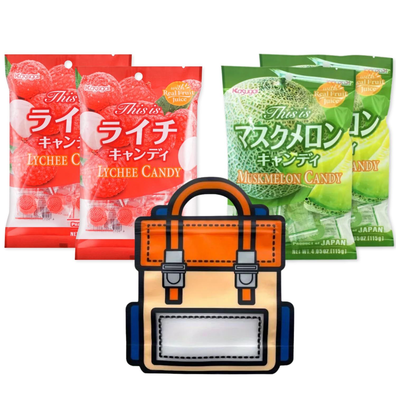 UMAYA - Kasugai Fruit Hard Candies Made With Real Fruit Juice - Japanese Hard Candy 4 Pack Bundle With School Bag Shaped Plastic Zipper Snack Bag - Two 4.05oz Packs Of Each Flavor - Muskmelon &amp; Lychee