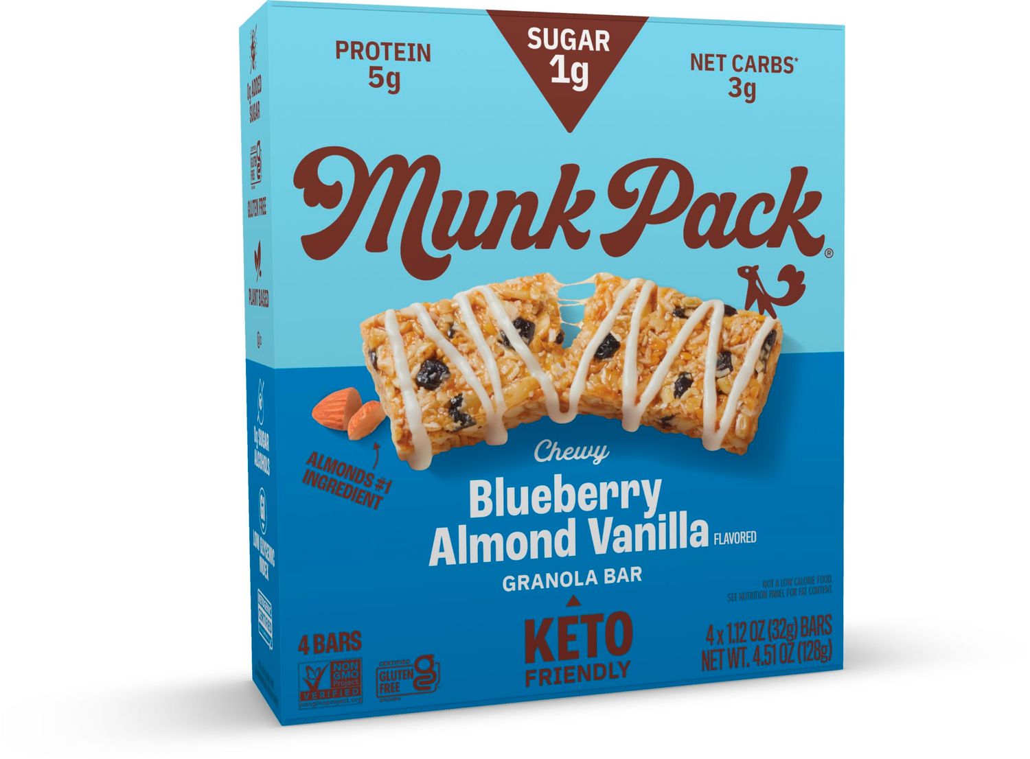Munk Pack 1g Sugar Granola Bars, Blueberry Almond Vanilla, 4ct, 1.12oz