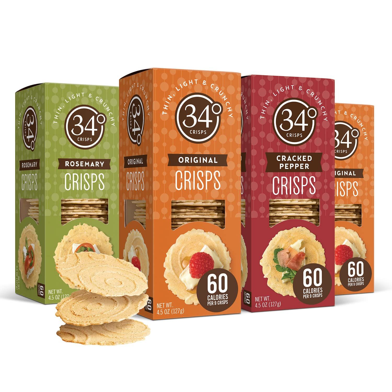 34 Degrees Crisps | Entertaining Variety Pack - 2 Original, 1 Cracked Pepper, 1 Rosemary | Thin, Light &amp; Crunchy Variety Pack Crisps, 4 Pack (4.5oz each)