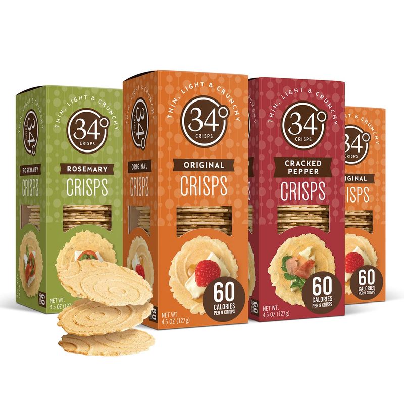 34 Degrees Crisps | Entertaining Variety Pack - 2 Original, 1 Cracked Pepper, 1 Rosemary | Thin, Light &amp; Crunchy Variety Pack Crisps, 4 Pack (4.5oz each)