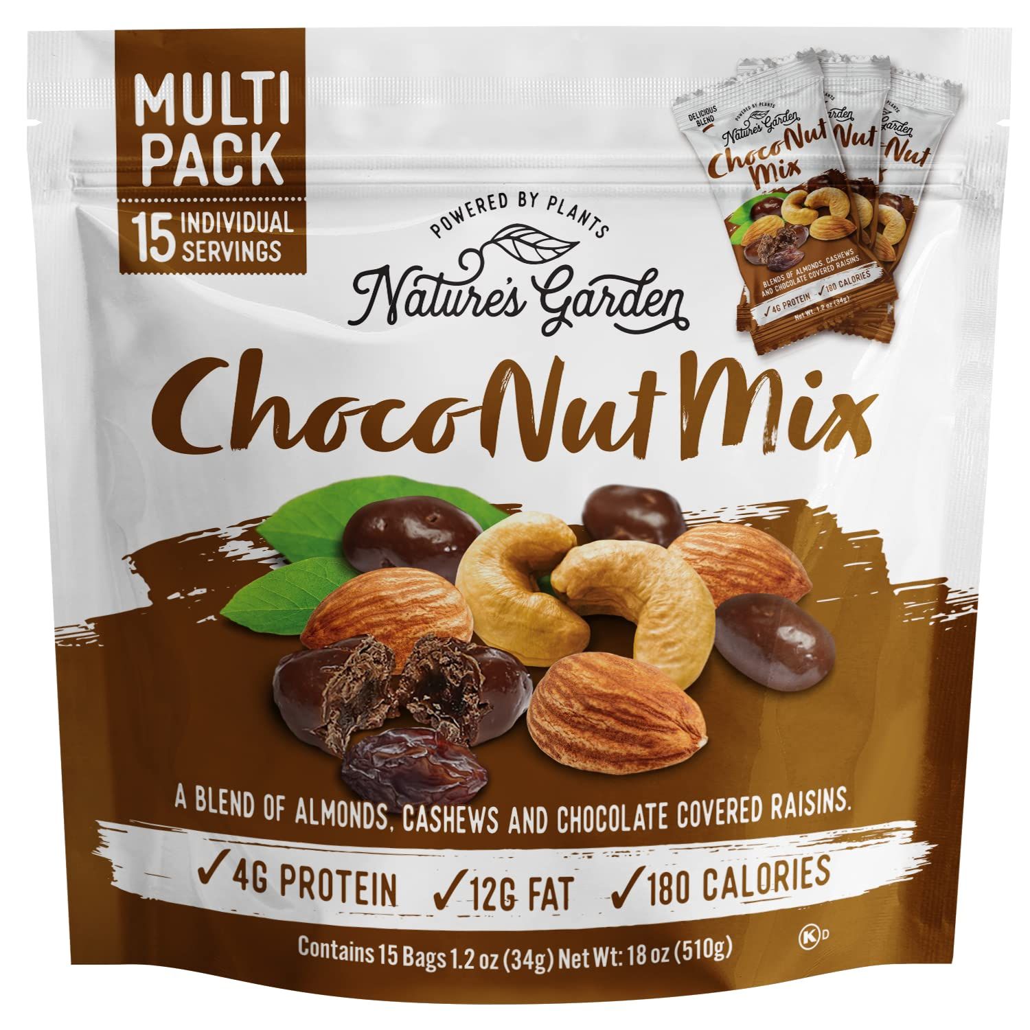 Nature&#39;s Garden Choco Nut Mix, Chocolate Covered Raisins, Nut Mix, Almonds, Cashews, Cholesterol Free, Sodium Free, No Artificial Ingredients - 1.2 Oz Bags (15 Individual Servings)